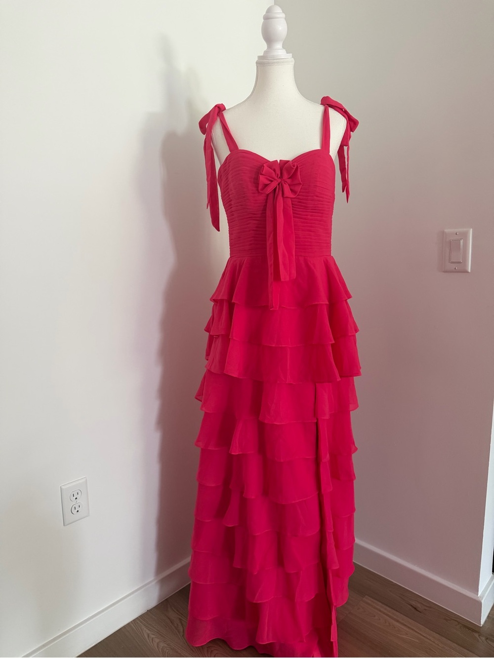 Hot pink ruffle maxi dress/ coquette Bow tie formal gown/ barbiecore/ fairycore